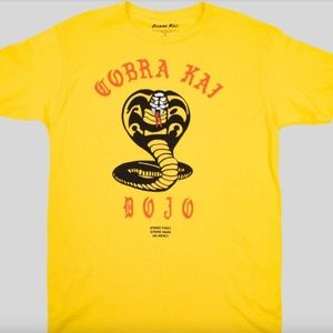 Cobra Kai Dojo Snake Logo Strike First/Strike Hard/No Mercy Med Yellow Shirt NWT